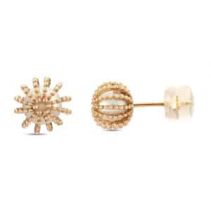 Yellow Gold Pearl Stud Earrings With Orb Design